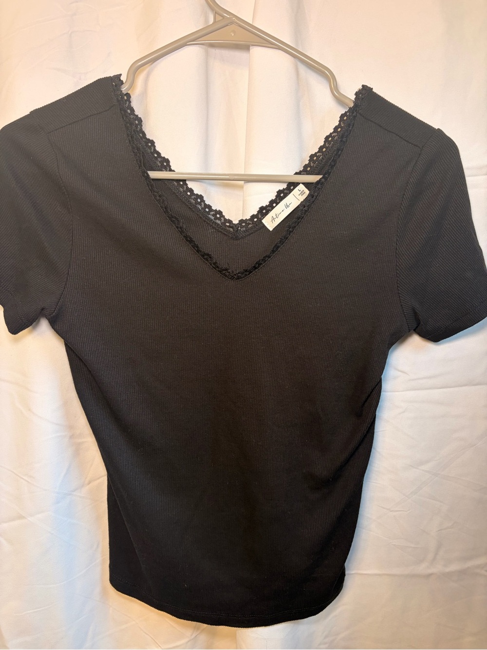 Black Short Sleeve V Neck Tee with Lace trim